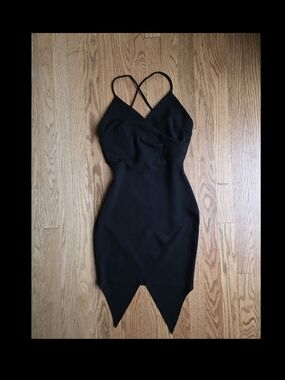 Black V Neck Double Point Hem Cross-Back Mini Dress